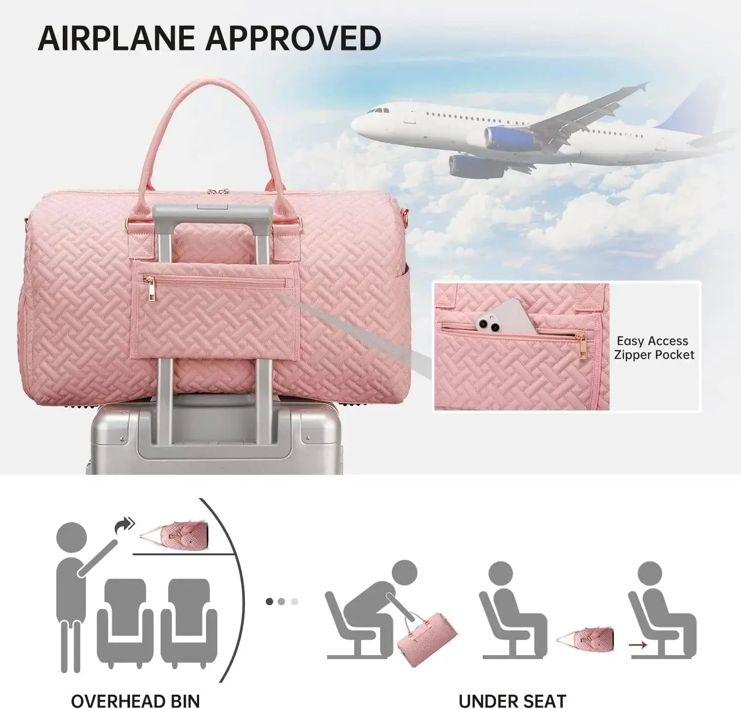 Women's travel duffle bag with shoe compartment and toiletry pouch, ideal for weekend trips or carry-on use