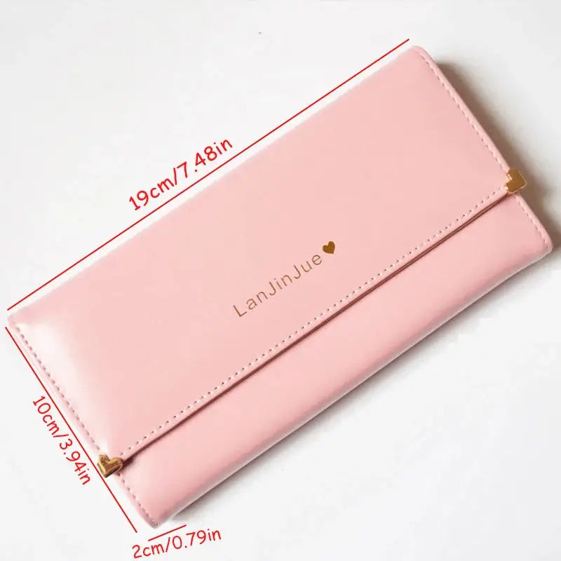 Pink Women's Long PU Leather Trifold Wallet with dimensions 19cm x 10cm x 2cm, featuring elegant clutch style and gold heart accents.