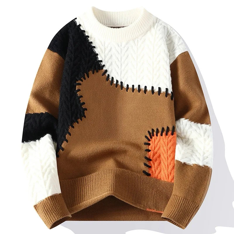 Men's winter fashion sweater in brown, black, and white patchwork design.