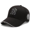 Black baseball cap with white embroidered letters