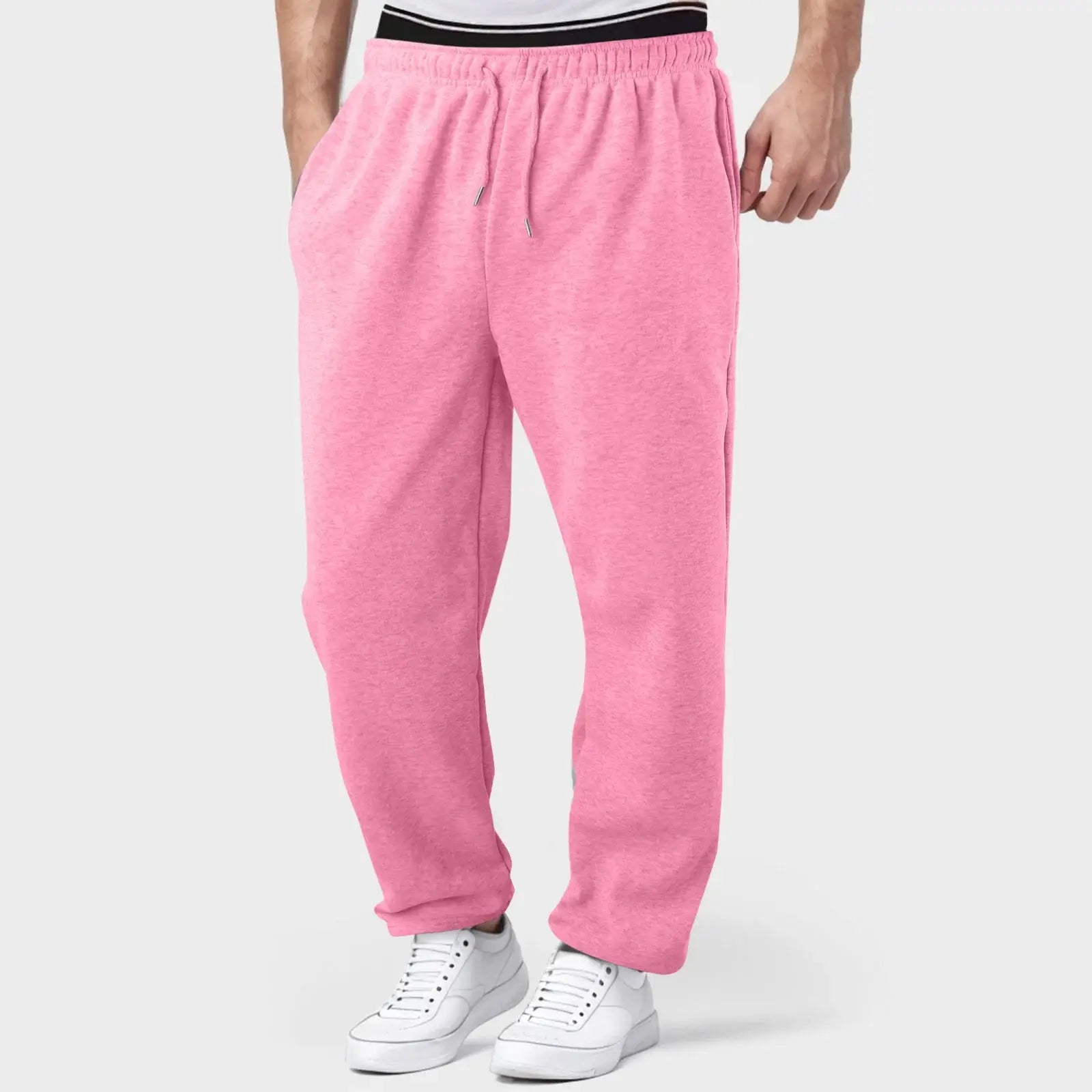 Pink men’s workout jogger pants with drawstring waist, breathable and soft, perfect for fitness, lounging, or casual style.