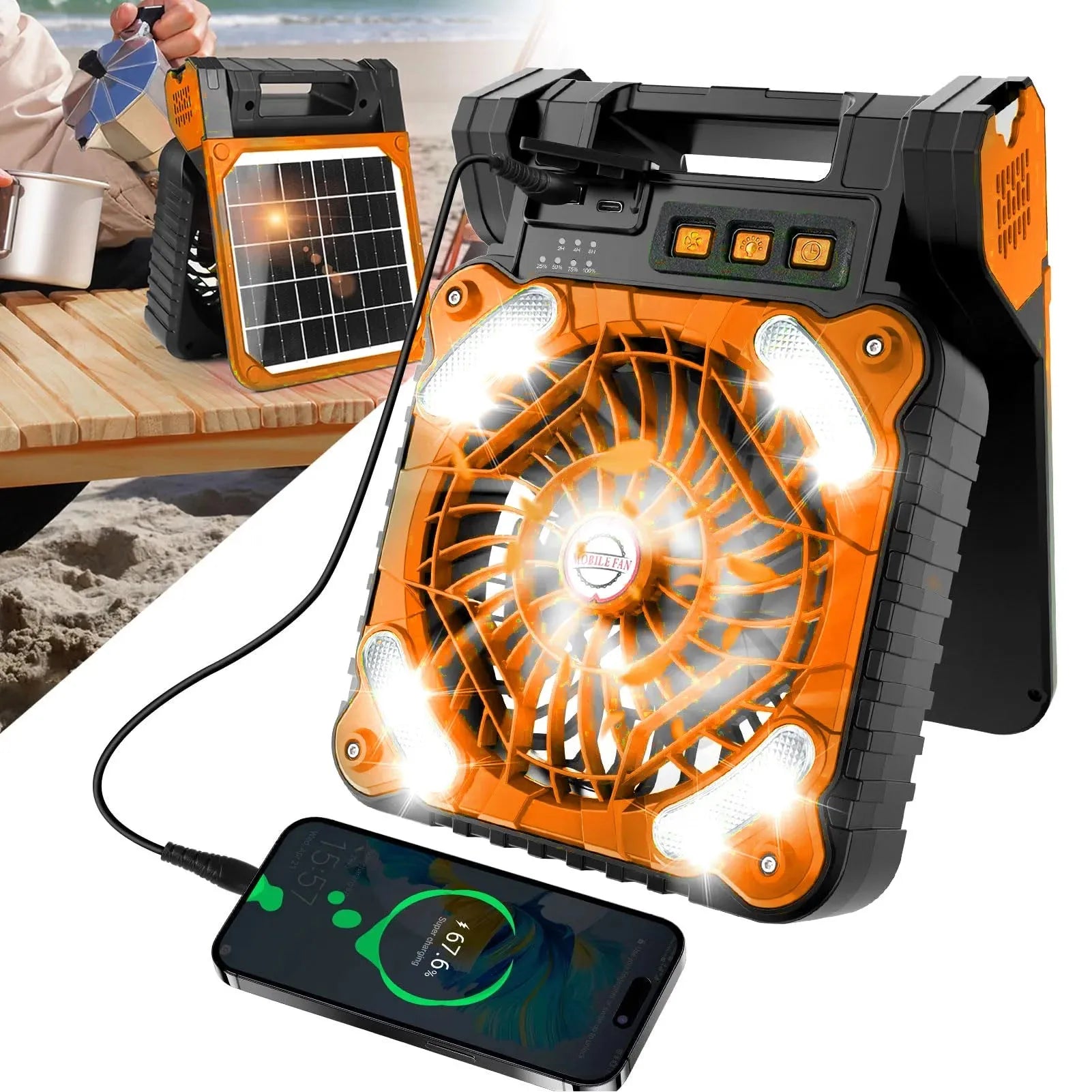 Solar Powered Camping Fan With LED Light And 4 Speed Motor