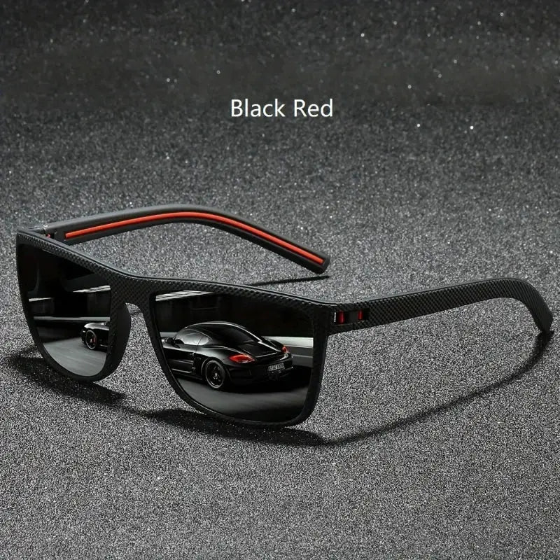 Black-red frame vintage square polarized sunglasses with UV400 lenses, reflecting a luxury sports car, perfect for driving and outdoor style.