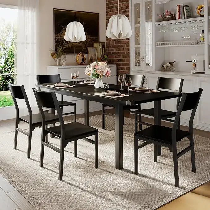 Sleek 7-piece dining table with 6 chairs in black modern design.