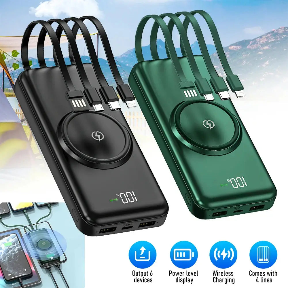 Wireless Power Bank 20000mAh Fast Charging with Built-in 4 Cables for iPhone 13–15 & Android Devices