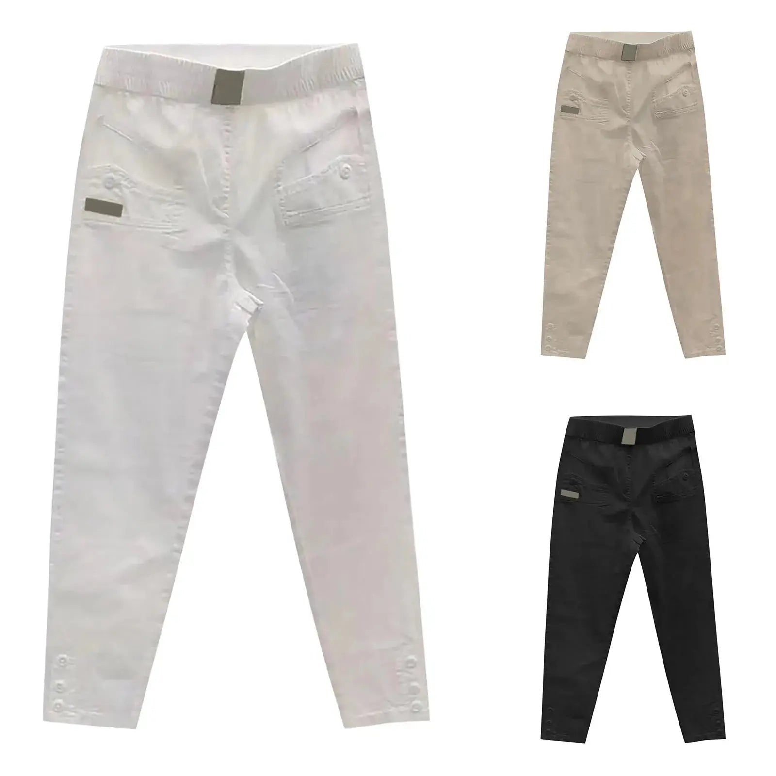 Women’s high-waisted denim cargo pants, stretchy cotton fabric, loose streetwear style, plus sizes available