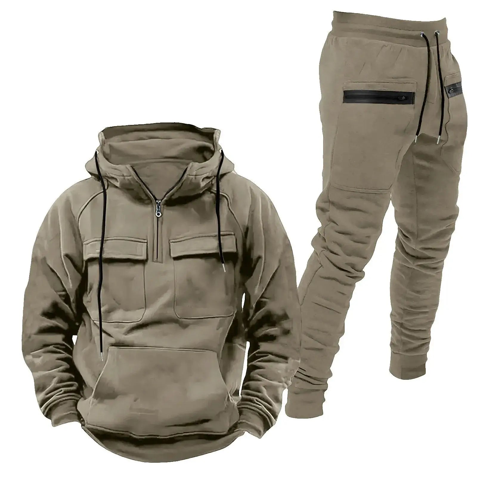 Beige men’s 2-piece tracksuit set with half-zip hoodie and matching jogger pants, ideal for casual streetwear or gym sessions.