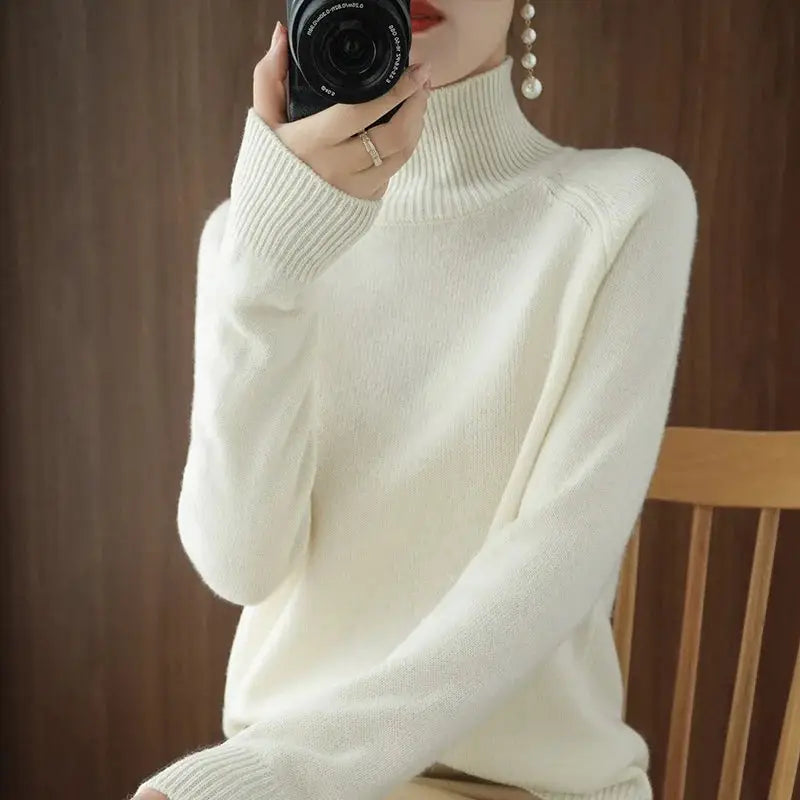 White merino wool sweater with mock neck