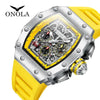 Onola luxury watch with yellow strap and intricate dial