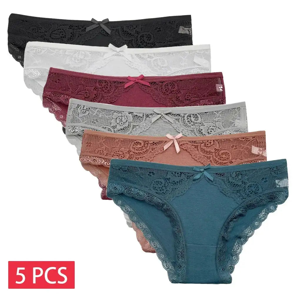 5-pack women's lace low-rise cotton panties in assorted colors with bow detail, designed for daily comfort and breathable wear.