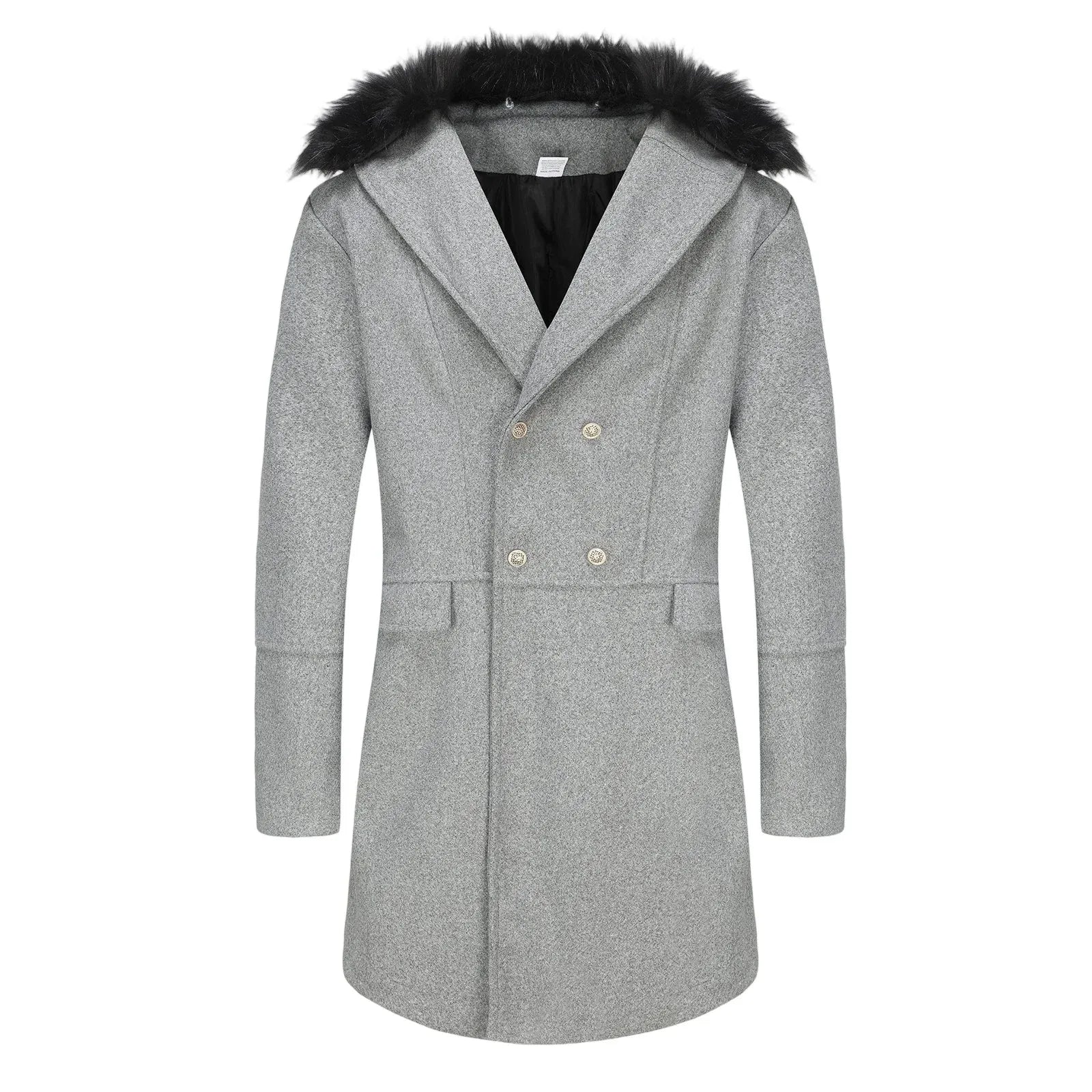 Men’s Long Coat Wool Blend With Fur Collar And Double Breast