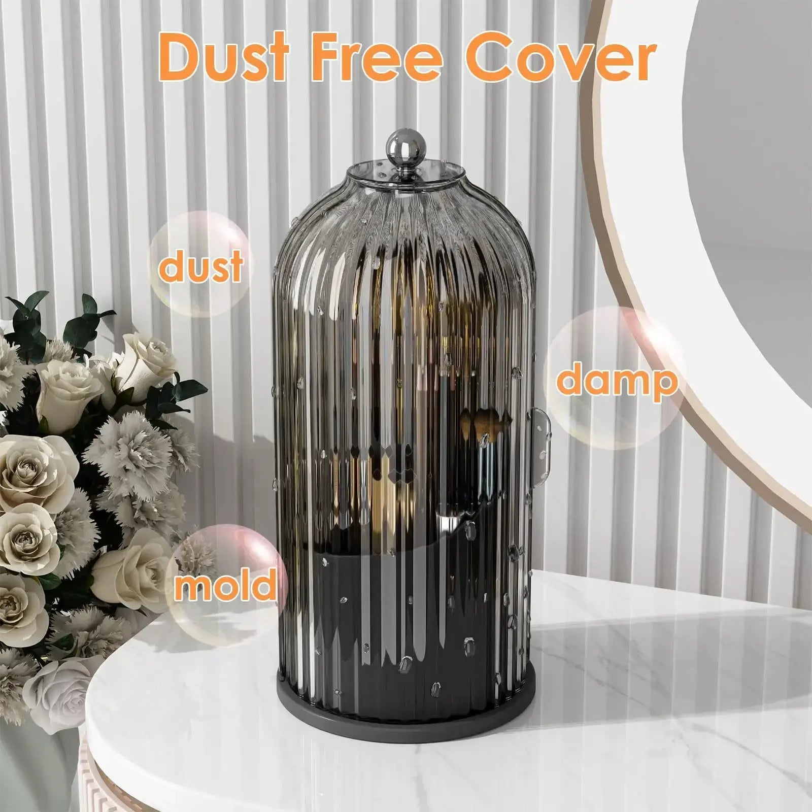 360° Rotating Makeup Brush Organizer with Lid Clear Dustproof Holder
