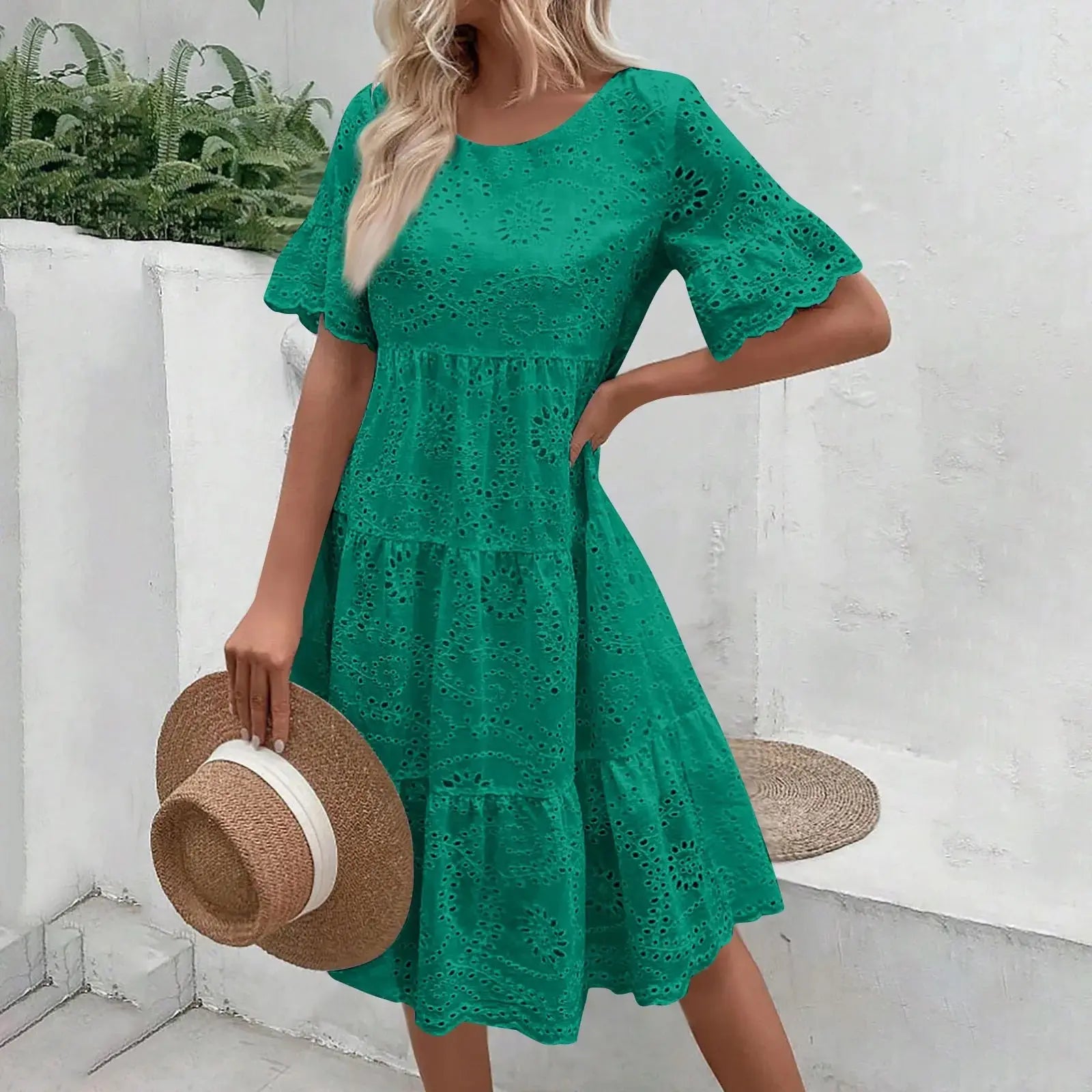 Women’s boho white lace dress, casual short sleeve sundress with pleats and hollow-out details