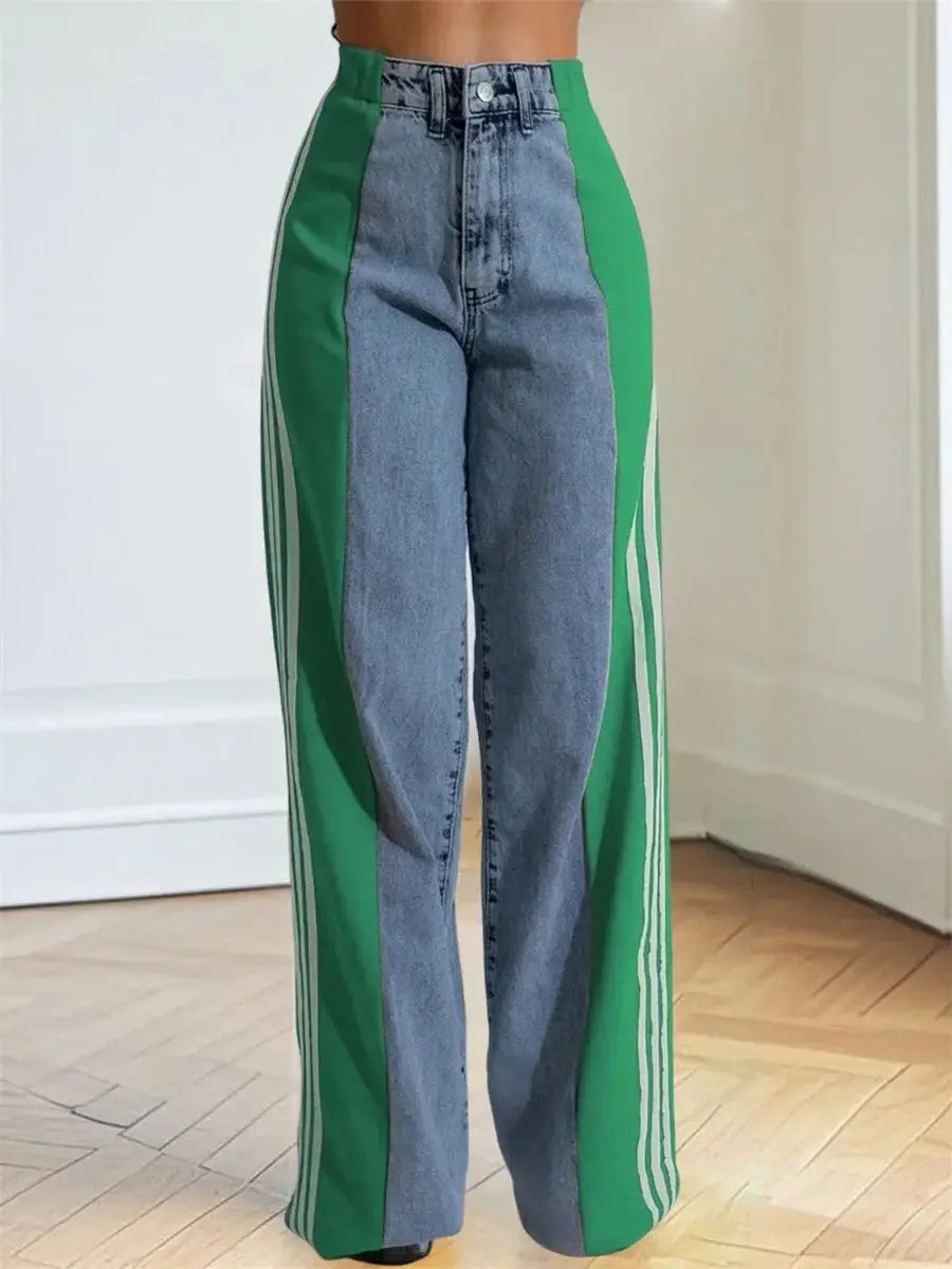 Front view of women’s high waist wide leg jeans with green side panels and denim center, stylish baggy fit for spring fashion wear.