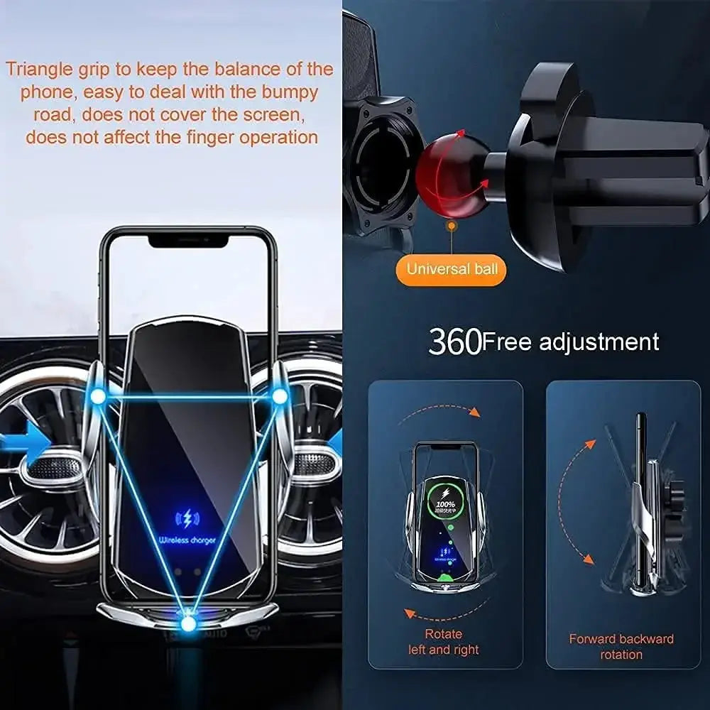 360° adjustable 15W fast wireless car charger with triangle grip and universal air vent mount for stable phone charging on the go.