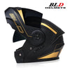 Black and gold motorcycle helmet with open visor