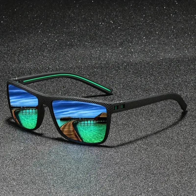 Green lens vintage square polarized sunglasses with UV400 protection, reflecting a scenic boardwalk over turquoise water for stylish outdoor use.