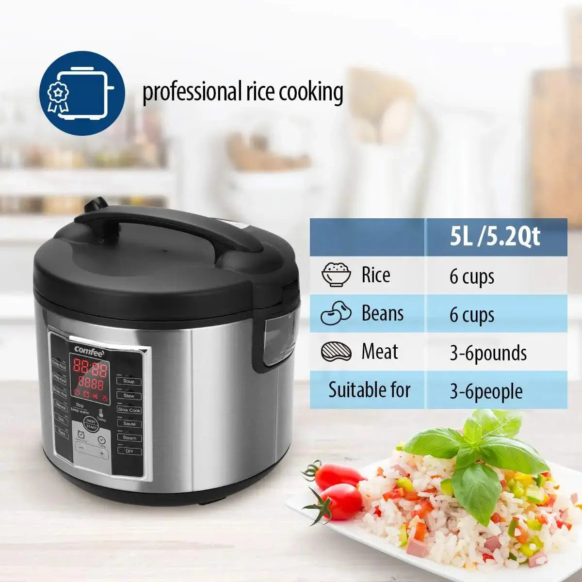 5.2-Quart Multi Cooker – Rice Cooker, Slow Cooker, Steamer, Stewpot & Sauté with 12 Digital Cooking Programs