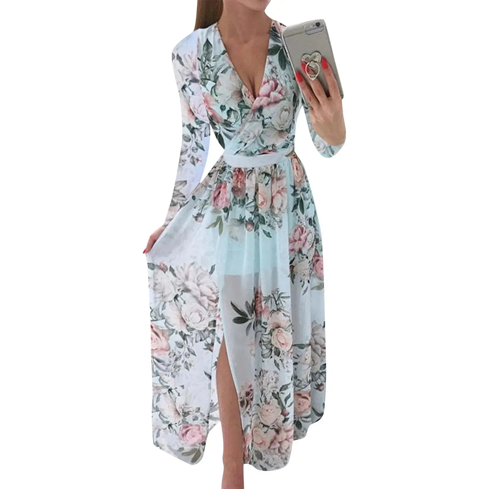 Women’s floral chiffon summer dress with V-neck and short sleeves, lightweight Korean style outfit