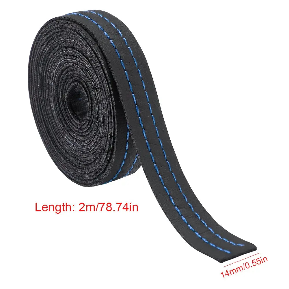 Blue-stitched 2M PU leather trim strip, 14mm wide, perfect for adding a sporty accent to car dashboards and doors.