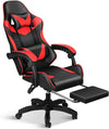 Red and black ergonomic gaming chair with footrest