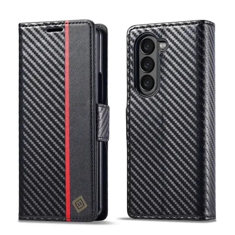 PU leather wallet case with carbon fiber design for Samsung Galaxy Z Fold 3/4/5/6, magnetic flip cover with stand function