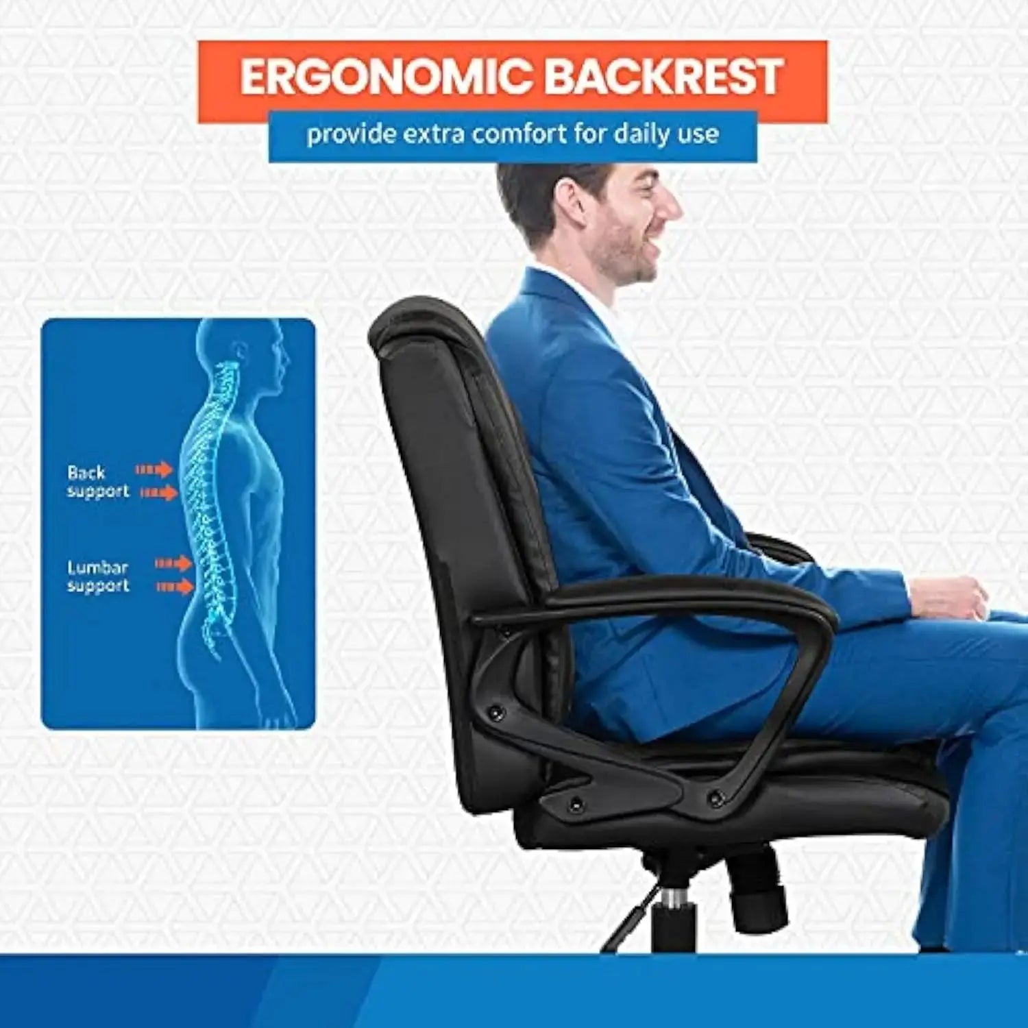 Ergonomic PU leather office chair with lumbar and back support, designed for posture alignment and daily comfort in home offices.