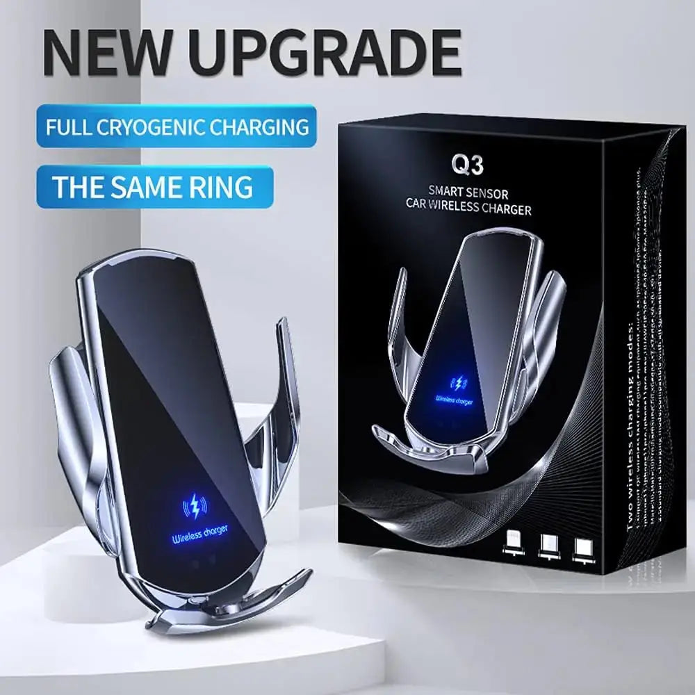 Retail box and upgraded design of Q3 15W fast wireless charger with smart sensor and auto-clamping stand for car use.