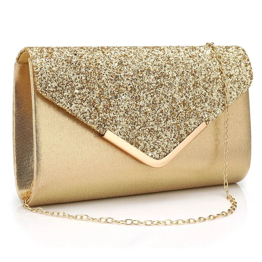 Gold Glitter Handbag Envelope Clutch With Chain Strap