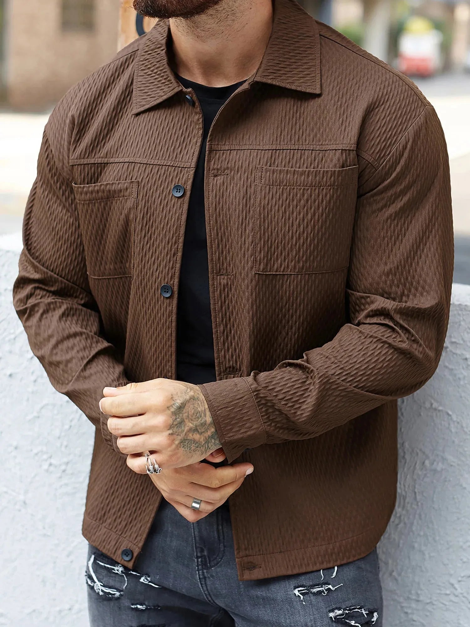 Casual Shirt Jacket Men with Solid Button Up Long Sleeves