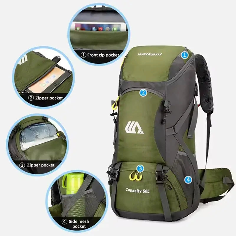 50L travel backpack for men, waterproof hiking and camping rucksack for outdoor sports, climbing and mountaineering