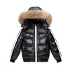 Black hooded winter down jacket with fur trim