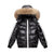 Black hooded winter down jacket with fur trim