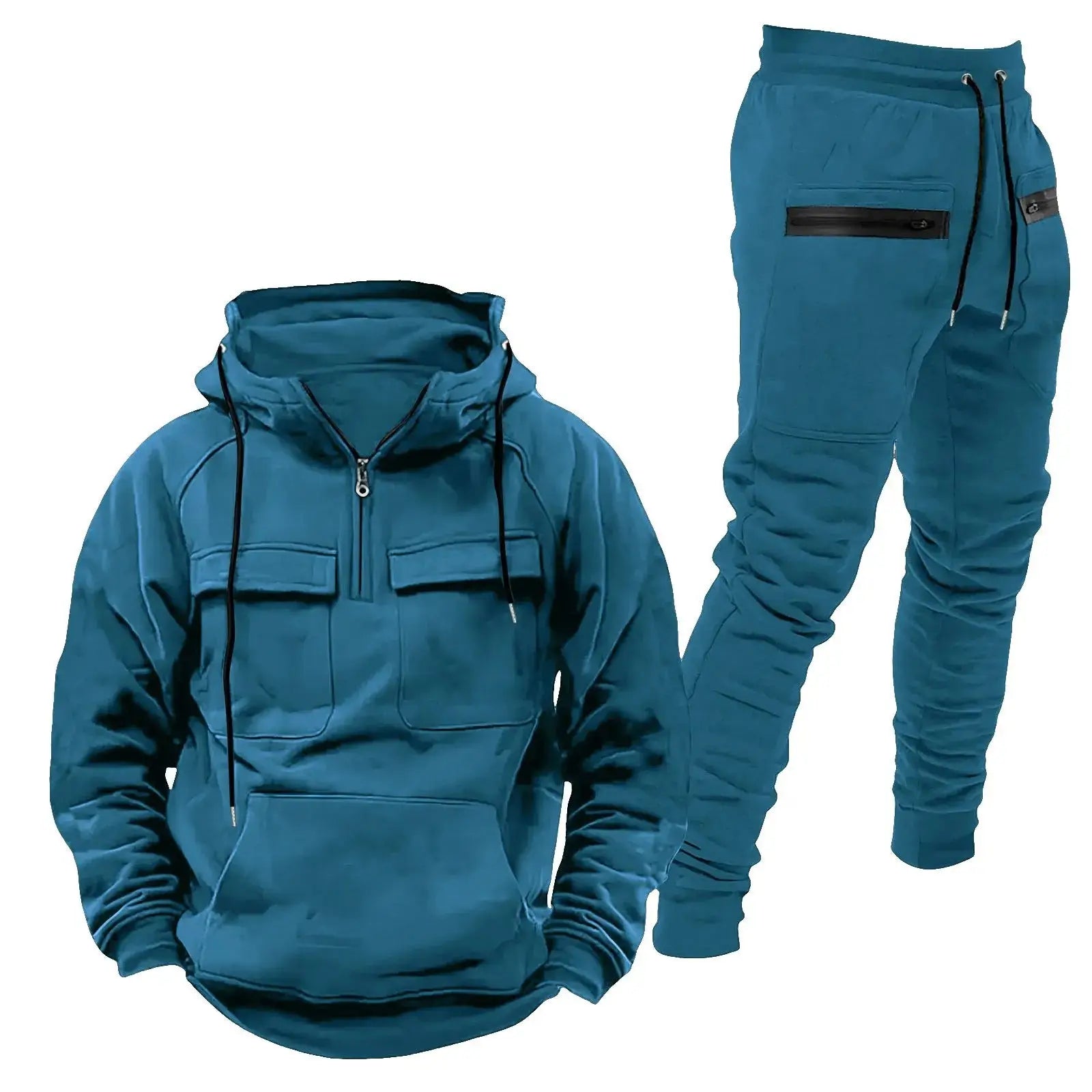 Blue men’s 2-piece tracksuit set with half-zip hoodie and slim-fit jogger pants, suitable for sports, fitness, or relaxed style.