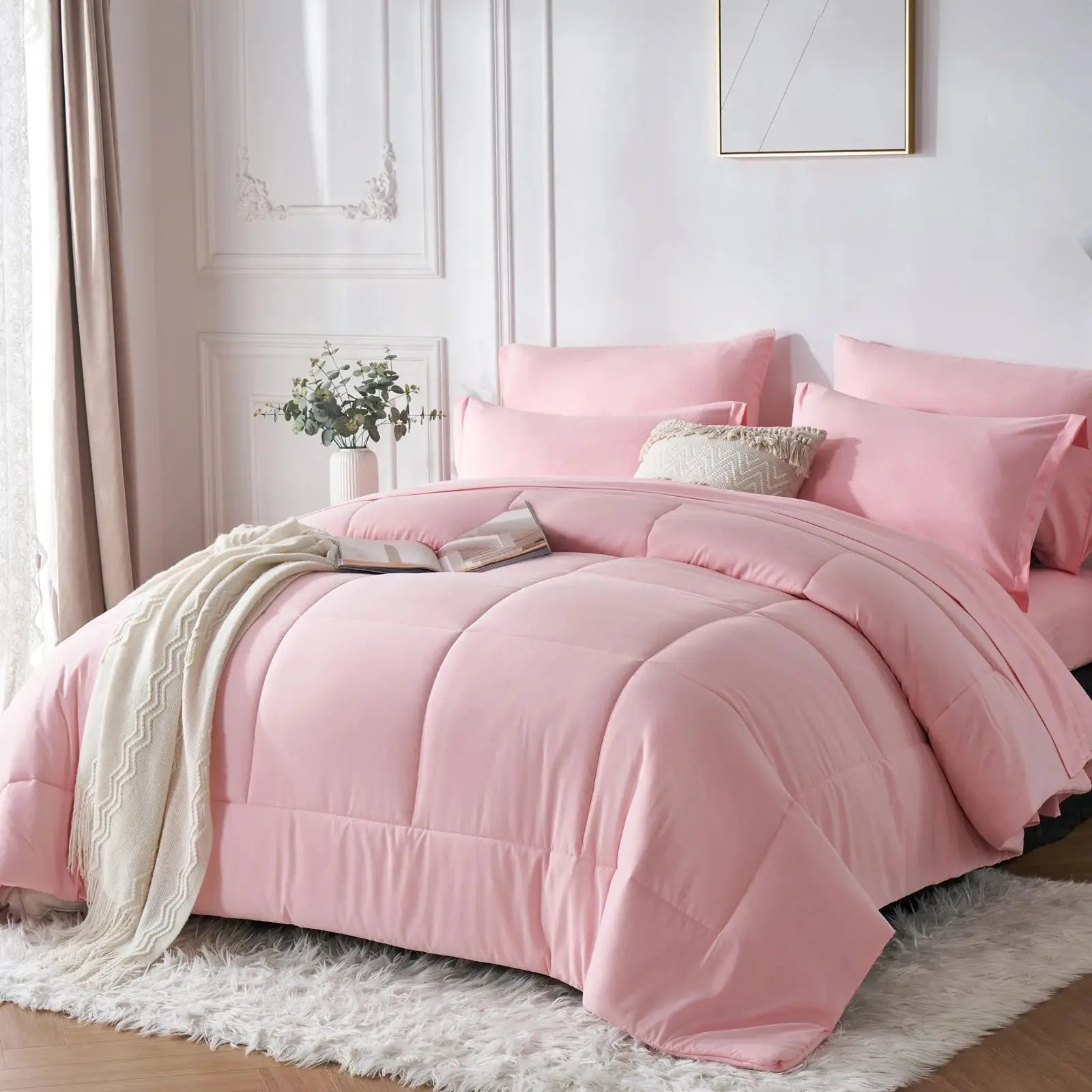 7-piece Queen bed-in-a-bag set with solid geometric comforter, sheets and pillowcases included