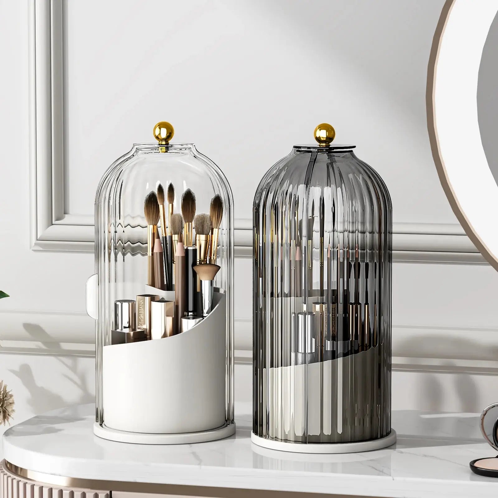 360° Rotating Makeup Brush Organizer with Lid Clear Dustproof Holder