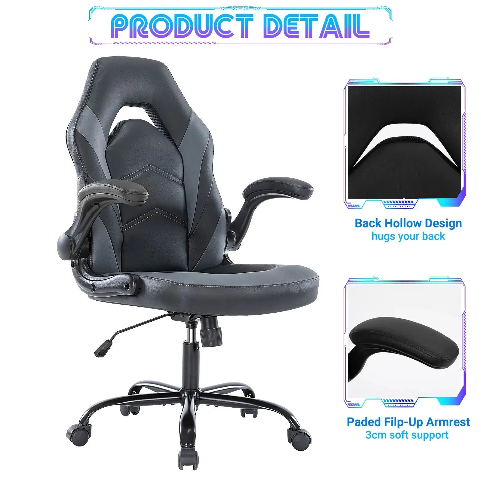 Ergonomic PU Leather Gaming Chair Adjustable Height & Flip-Up Arms Office or Home Desk Seat