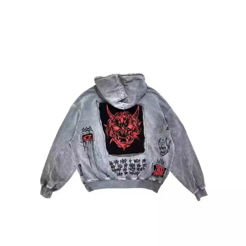 Y2K unisex hoodie with vintage skull and letter print, oversized sweatshirt jacket with hood