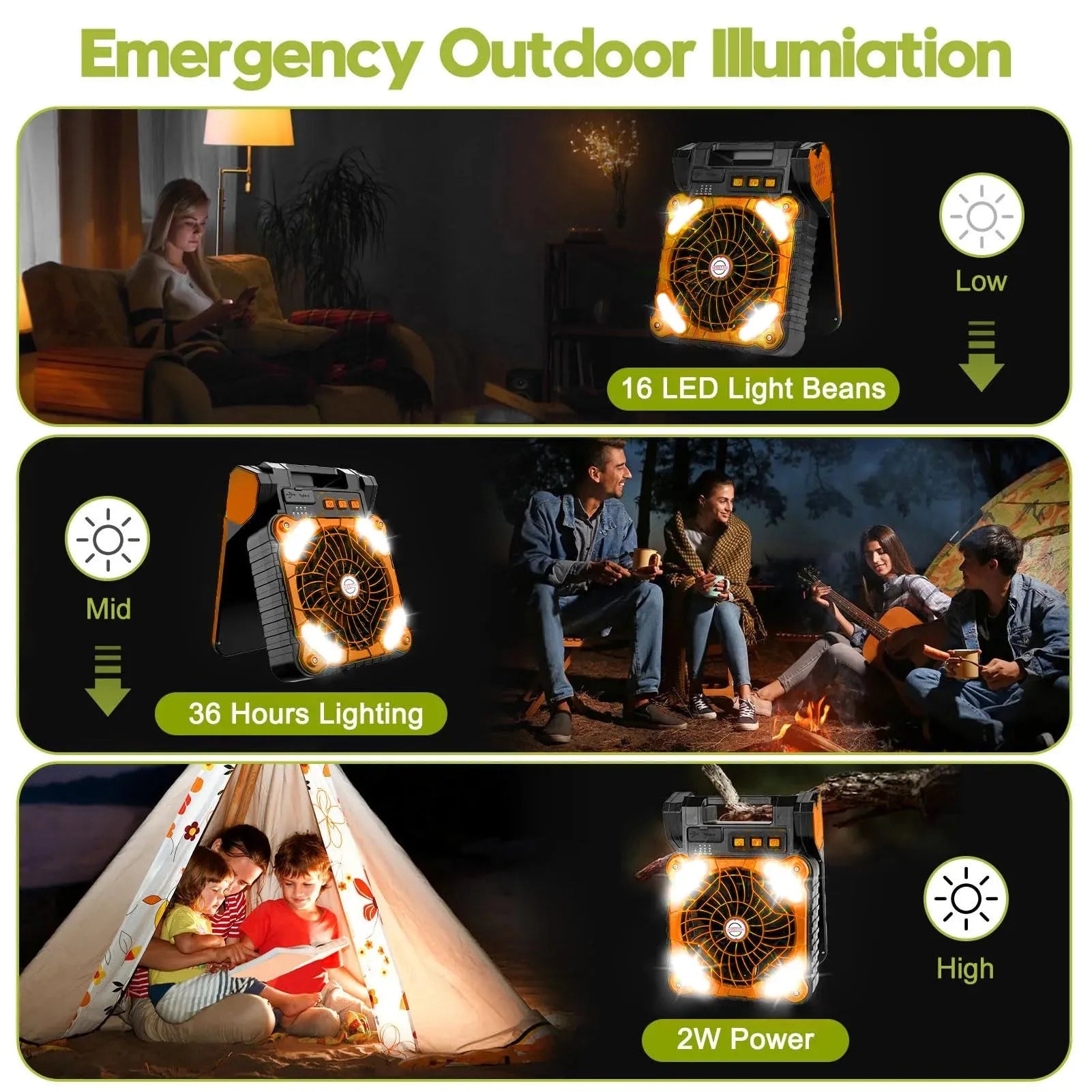 Solar Powered Camping Fan With LED Light And 4 Speed Motor