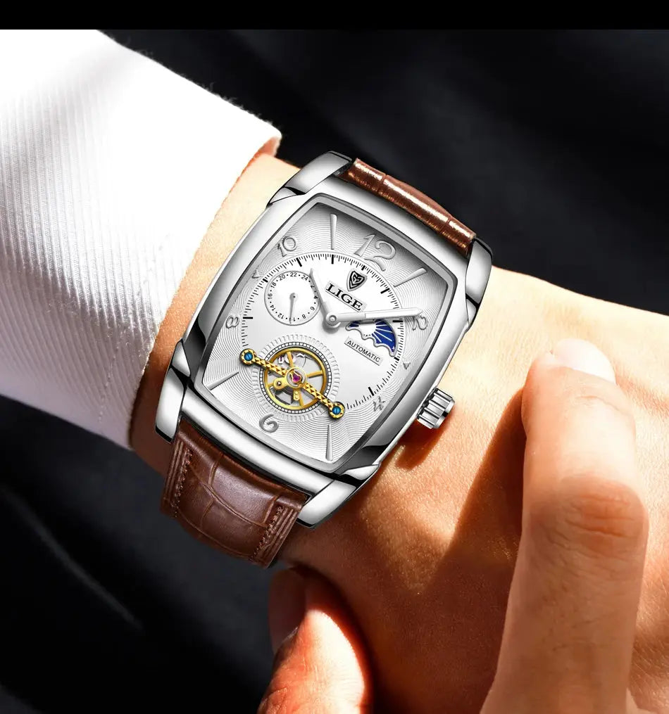 Men's Mechanical Leather Watch – Luxury Square Design with Tourbillon & Business Sport Style