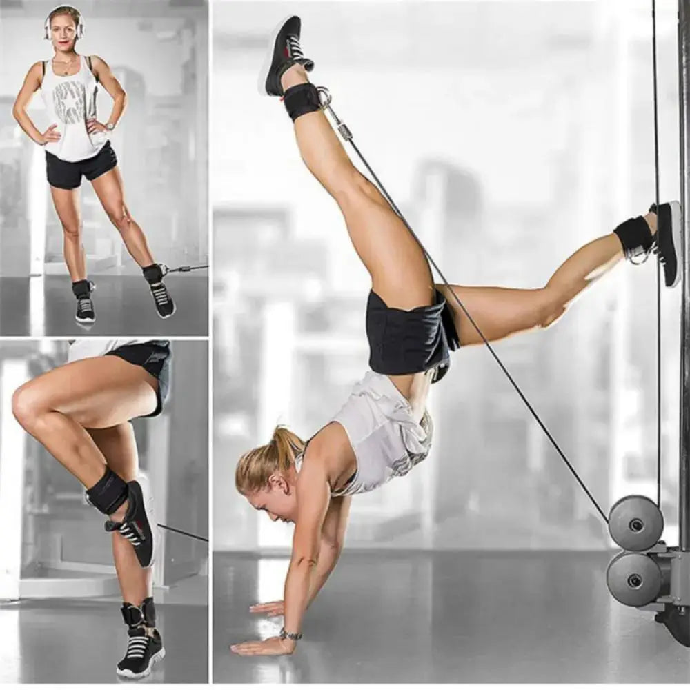 Woman performing leg and glute exercises using ankle straps and resistance bands, ideal for lower body toning and strength.