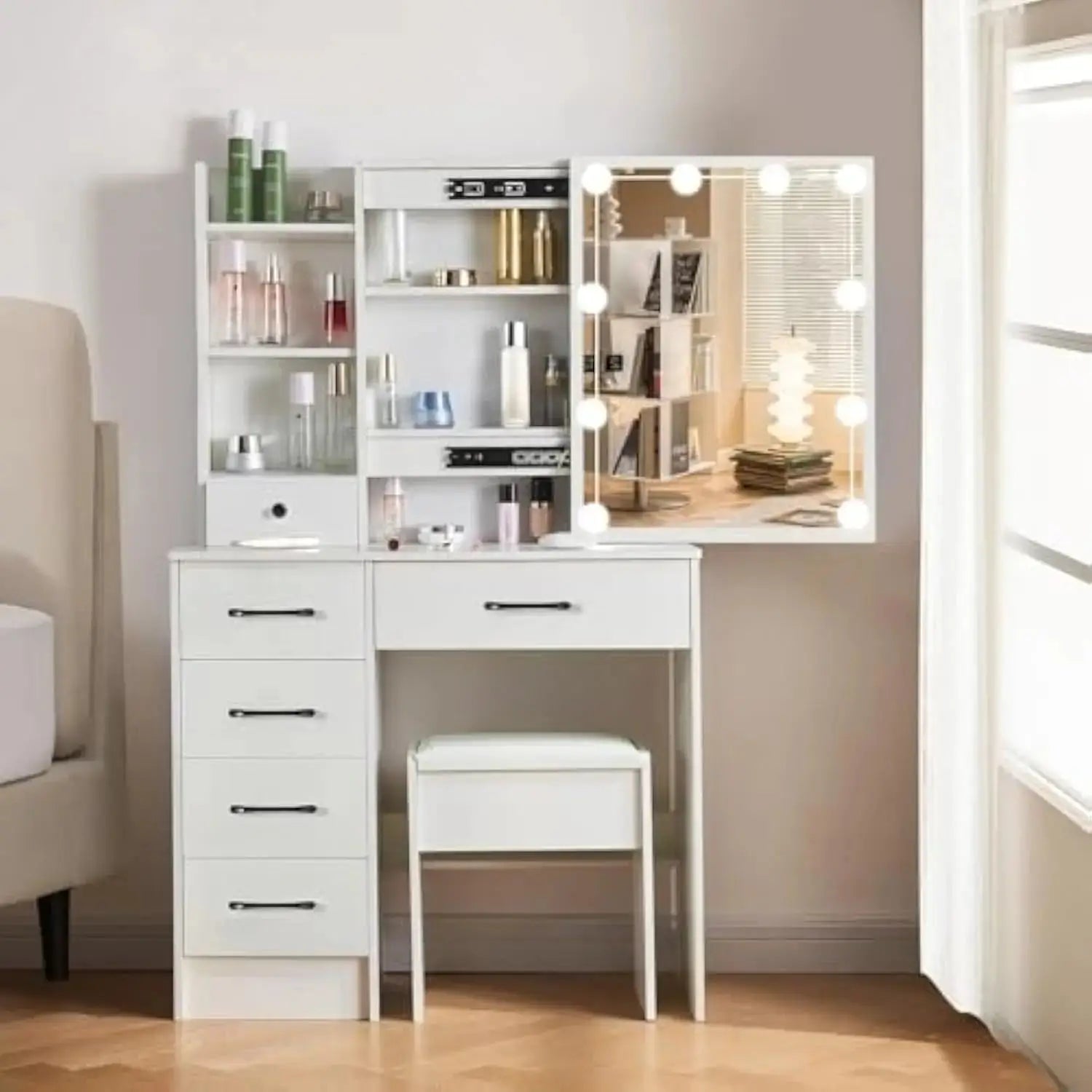 White vanity desk with lighted mirror and 3 adjustable lighting modes, featuring 5 drawers, open shelves, and cushioned stool for bedroom use.