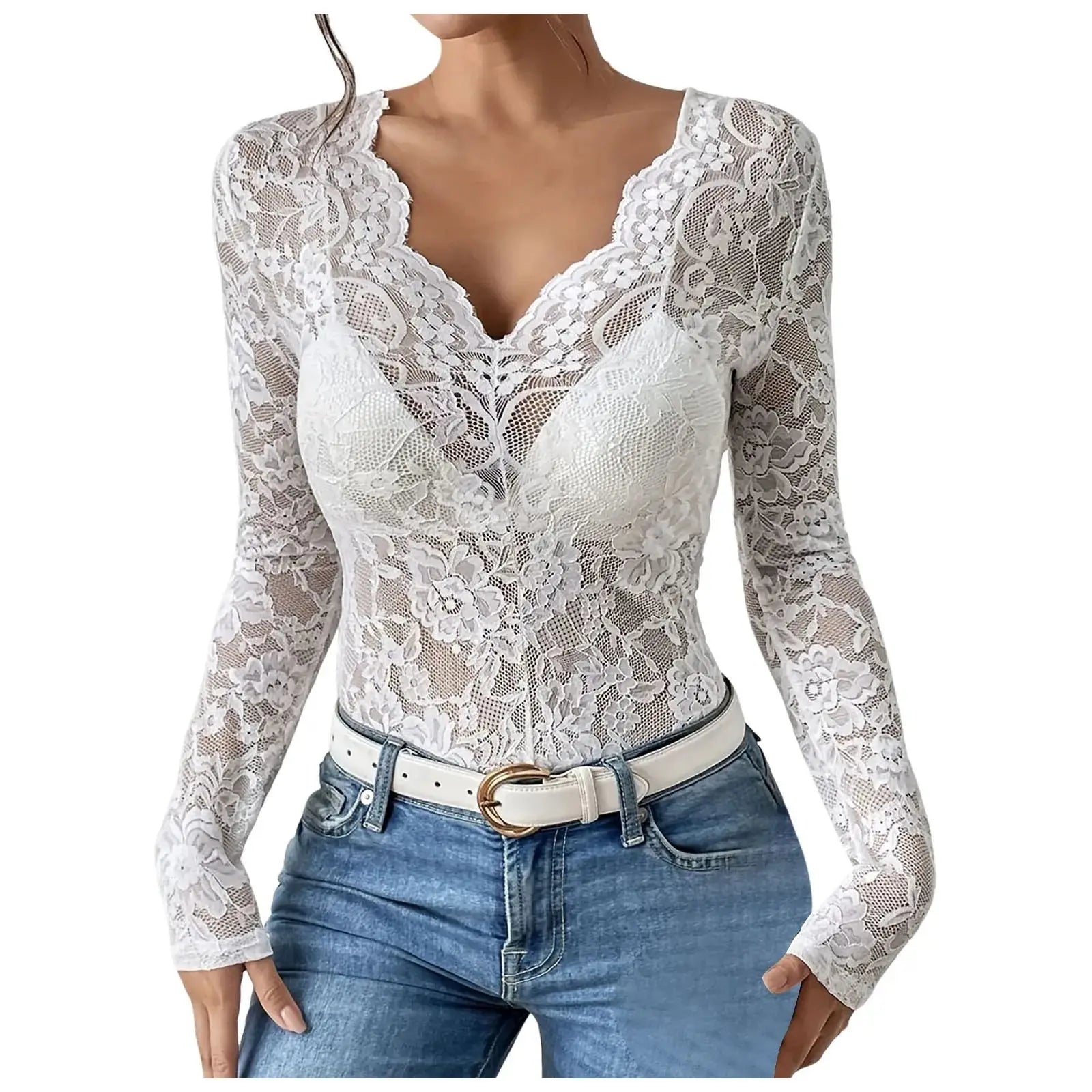 Women’s floral lace blouse, V-neck long sleeve design with sheer elegant style for casual or evening wear