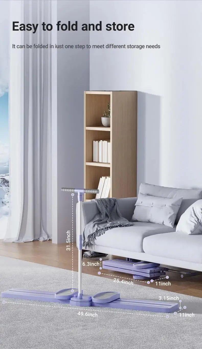 Foldable 3-in-1 ski trainer shown in a living room, folded flat for compact storage with dimensions labeled for space-saving convenience.