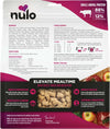 Back of Nulo dog food package with ingredients and feeding guidelines