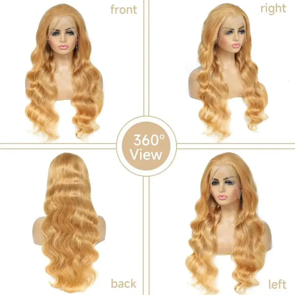 27 honey blonde 13x6 HD lace frontal wig, 200% density body wave, pre-plucked human hair wig