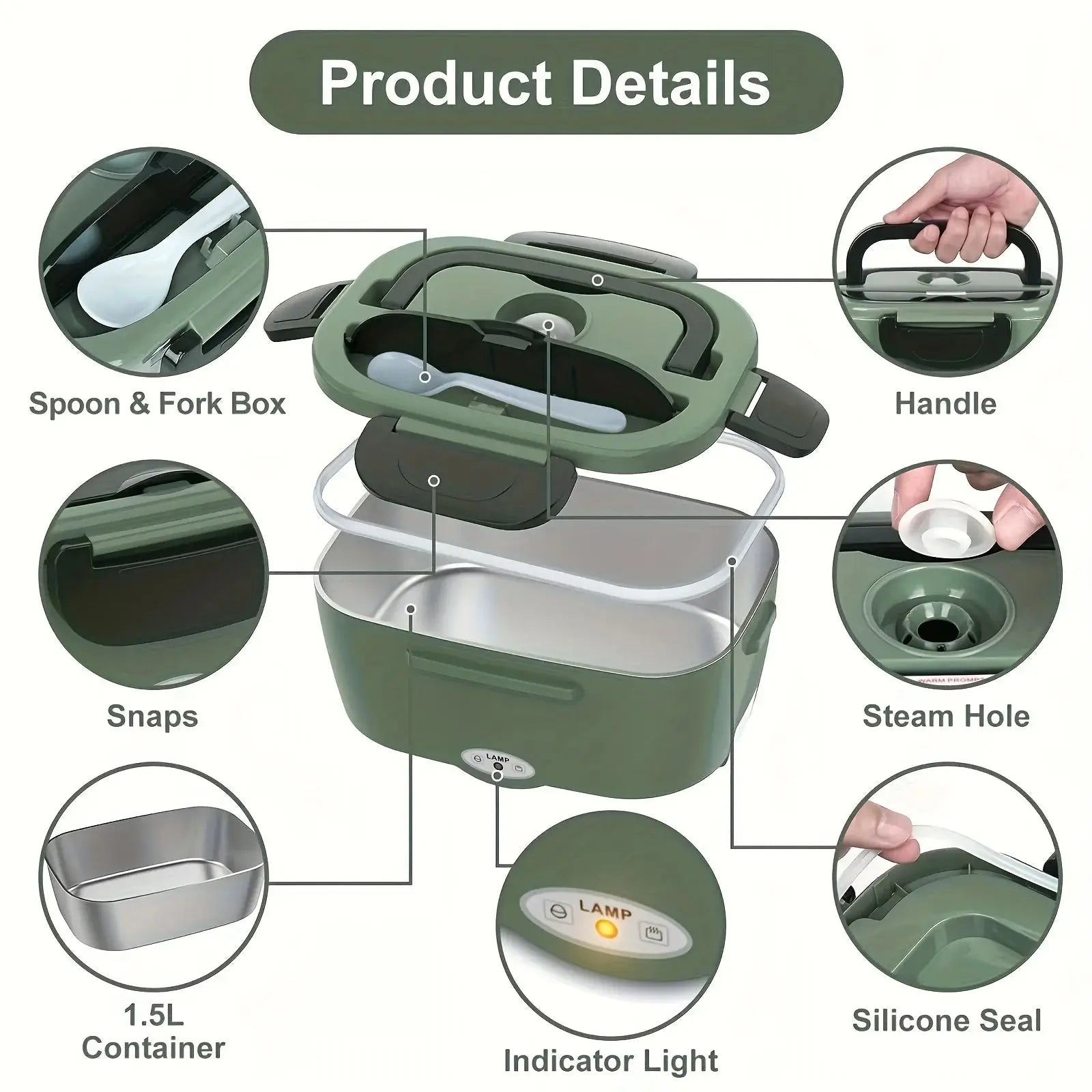 Electric Lunch Box Portable 12V/24V/110V Food Warmer with 1.5L Stainless Container
