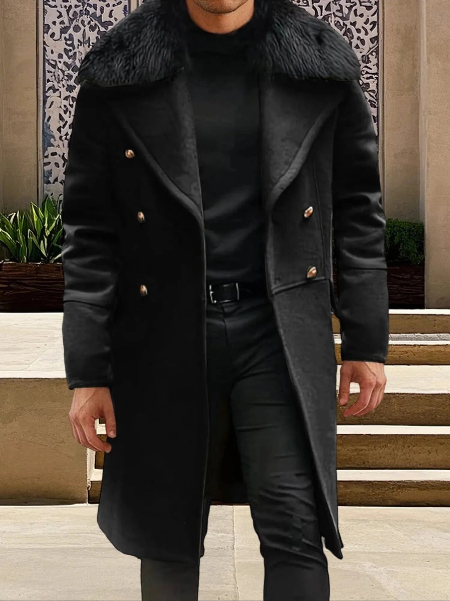 Men’s Long Coat Wool Blend With Fur Collar And Double Breast