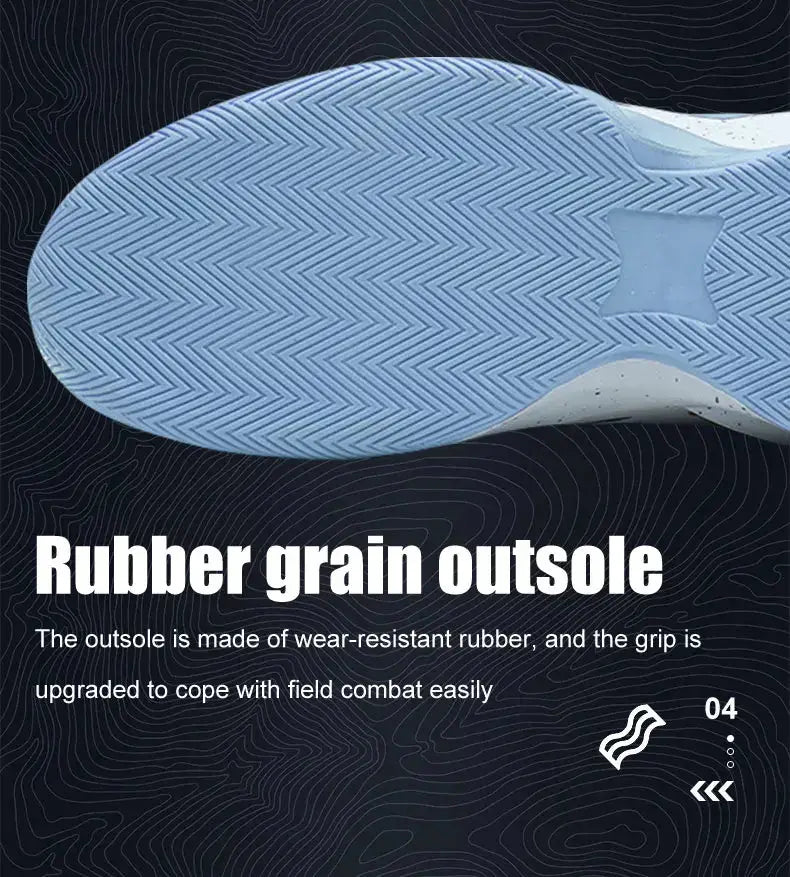 Close-up of blue rubber grain outsole on men's basketball shoes, highlighting wear-resistant grip for enhanced field performance.
