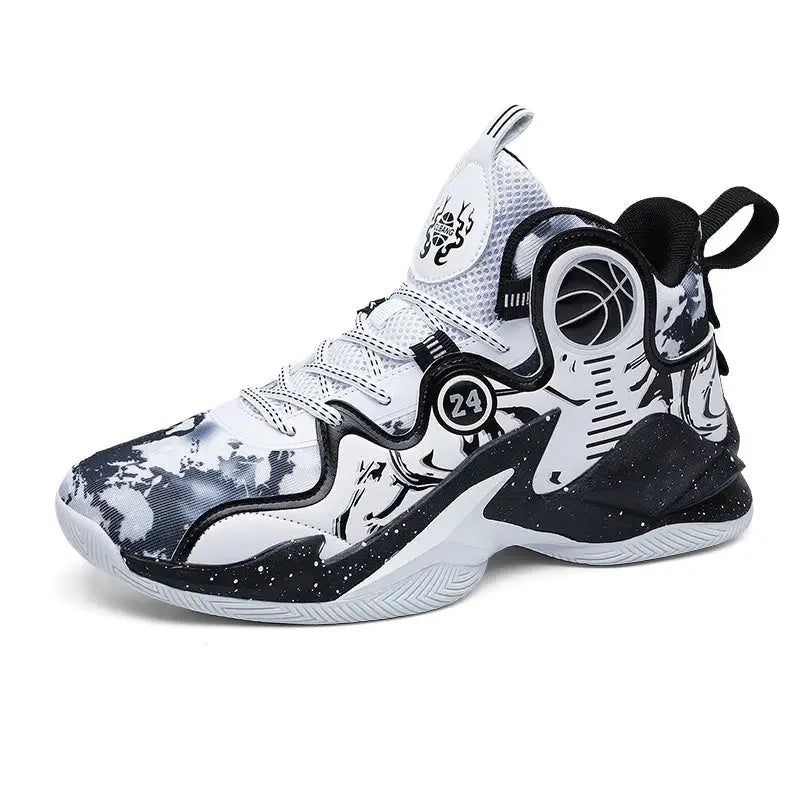 Black and white graffiti men's basketball shoe with breathable upper and durable rubber sole for outdoor sports and street style.